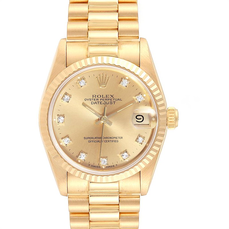 This image shows a front view of the Rolex Mid-Size Datejust watch, displaying its gold bracelet, dial, and date window.
