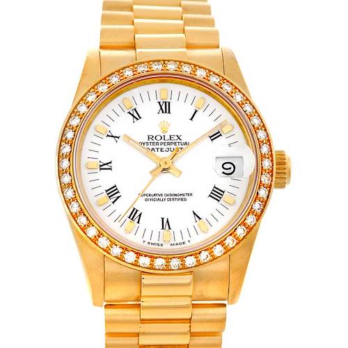 The image shows a frontal view of a Rolex Mid-Size Oyster Perpetual Datejust watch, highlighting the dial, bezel, and bracelet.