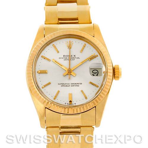 Front view of a Rolex Mid-Size Oyster Perpetual Datejust, showcasing the dial, bezel, crown, and bracelet.