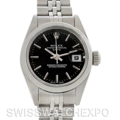 This image shows a front view of a Rolex Date watch, highlighting the face, bezel, crown, and part of the bracelet.