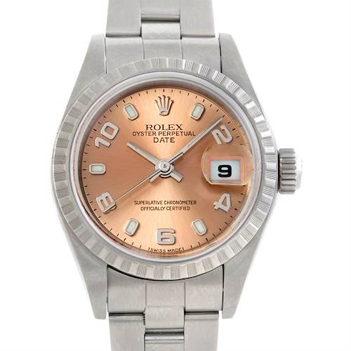 The Rolex Date watch is shown from a front angle, displaying its dial, bezel, hands, date window, and part of the bracelet.