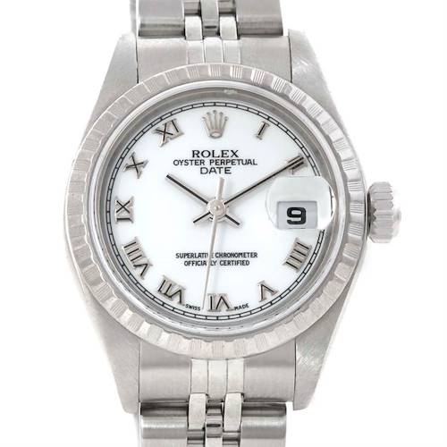 The image shows a front view of a Rolex Date model watch, displaying the face, bezel, and part of the bracelet.