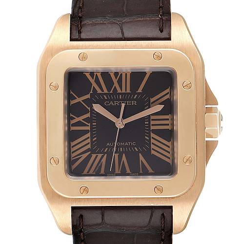 The image shows a close-up, front-on view of the dial and bezel of the Cartier Santos watch.
