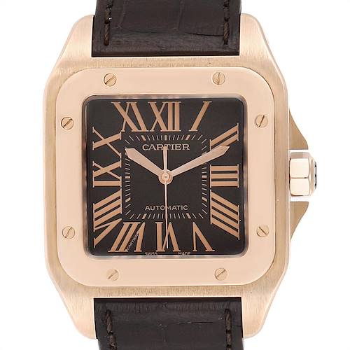 This image shows a front view of the Cartier Santos watch, highlighting the face, bezel, and part of the strap.