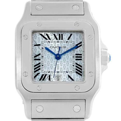 This close-up image shows the face, bezel, and part of the band of the Santos de Cartier watch.
