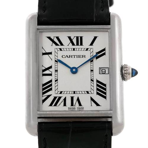 The image shows a front view of the Cartier Tank Louis watch, highlighting its Roman numeral dial and leather strap.