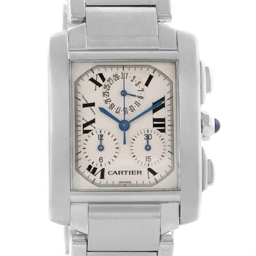 The image shows a close-up frontal view of a Cartier Tank Francaise watch, highlighting its face and bezel.
