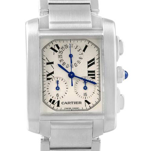 This Cartier Tank Francaise watch is shown from the front, displaying its face, dials, and part of the bracelet.