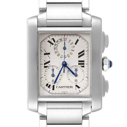 The image shows a front view of a Cartier Tank Francaise watch, highlighting the face, hands, and part of the bracelet.
