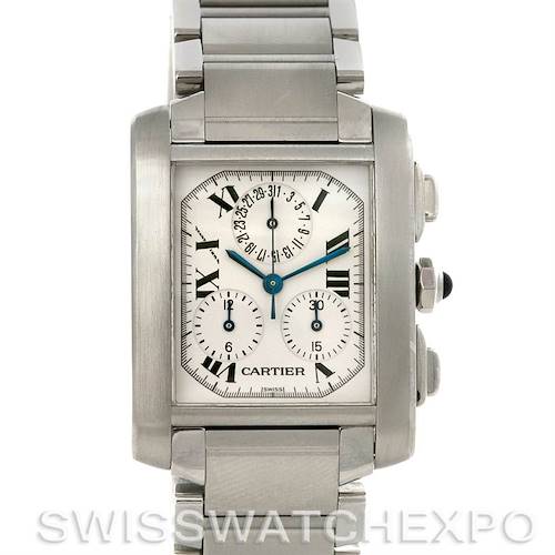 The Cartier Tank Française watch is shown from a front angle, displaying its dial, bezel, and bracelet.