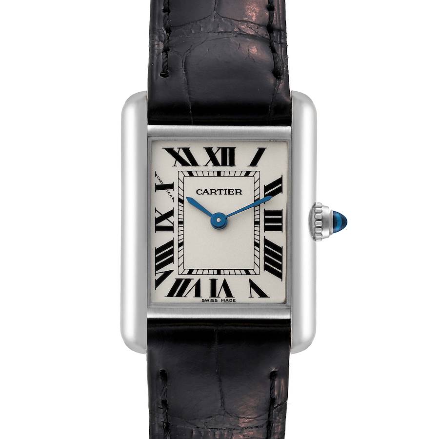 The image shows a frontal view of a Cartier Tank Louis watch, highlighting the dial, Roman numerals, hands, and leather strap.