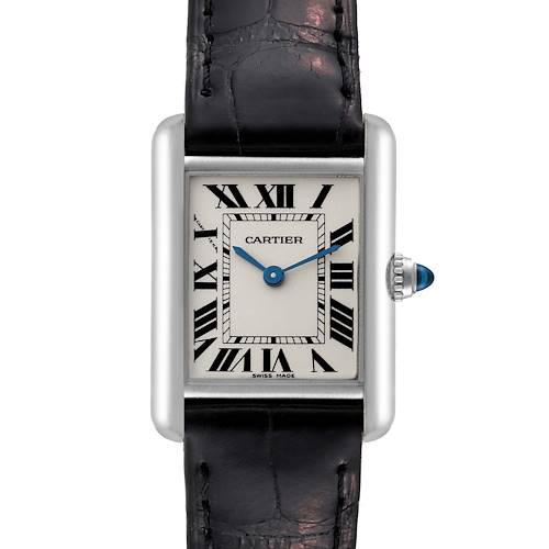 The image shows a frontal view of a Cartier Tank Louis watch, showcasing its rectangular dial, Roman numerals, and black leather strap.