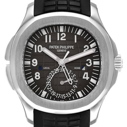 The image shows a front view of a Patek Philippe Aquanaut watch, displaying the dial, hands, and part of the strap.