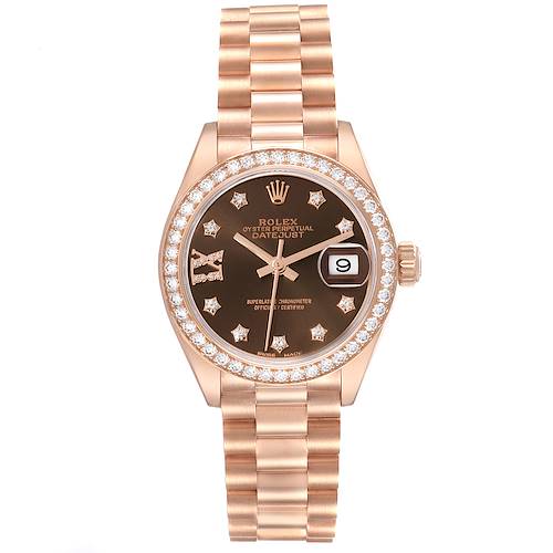 The Rolex President model watch is shown from a front angle, displaying the dial, bezel, case, and bracelet.