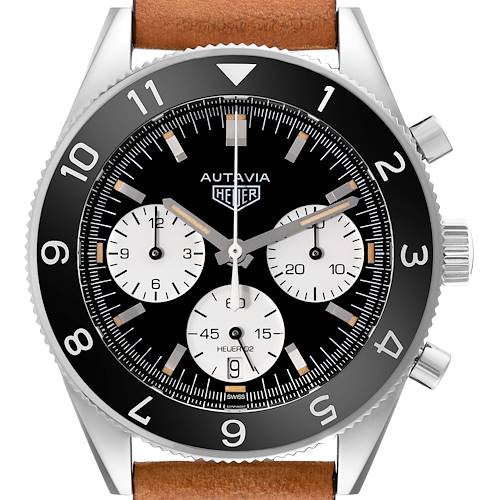 The image shows a frontal view of the TAG Heuer Autavia watch, displaying its black dial, three subdials, and brown leather strap.