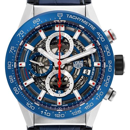 The image shows a close-up front view of the Tag Heuer Carrera watch, highlighting its face, dials, and tachymeter scale.