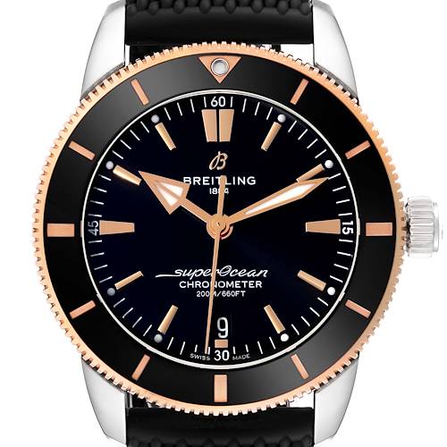 The image shows a front view of the Breitling Superocean watch, highlighting the dial, hands, bezel, and crown.