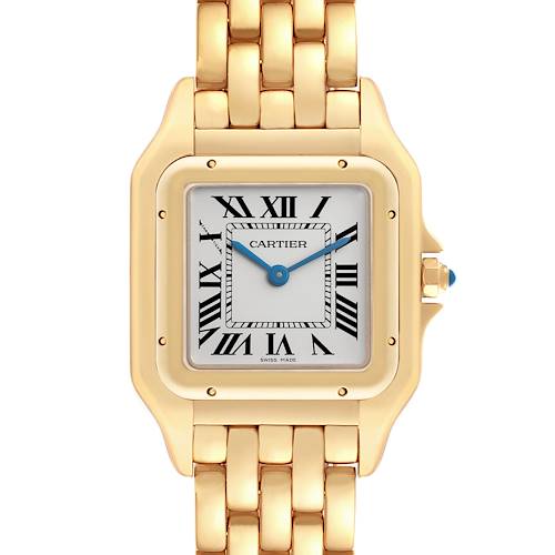 The Cartier Panthere watch is shown from a front angle, highlighting the face, bezel, and bracelet.
