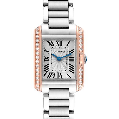 The Cartier Tank Anglaise watch is shown from a front view, highlighting its rectangular face, silver bracelet, roman numerals, and diamond accents.
