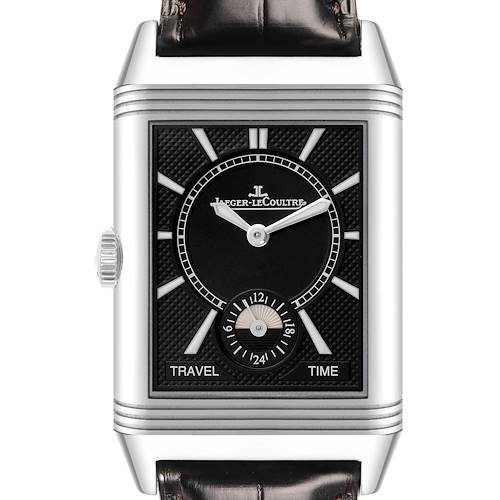 The Jaeger-LeCoultre Reverso watch is shown from the front, highlighting its rectangular face, hour markers, and crown.