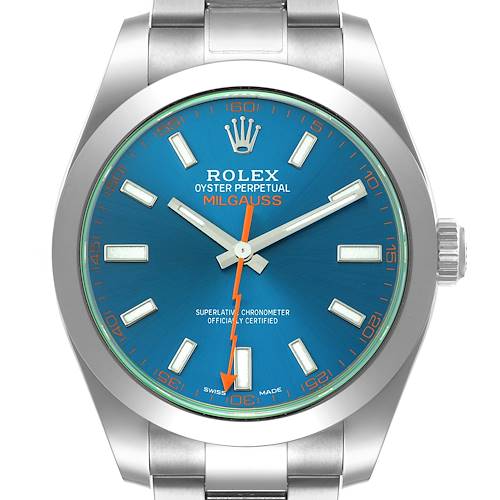 The image shows a front view of a Rolex Milgauss watch, highlighting the blue dial and orange lightning bolt second hand.