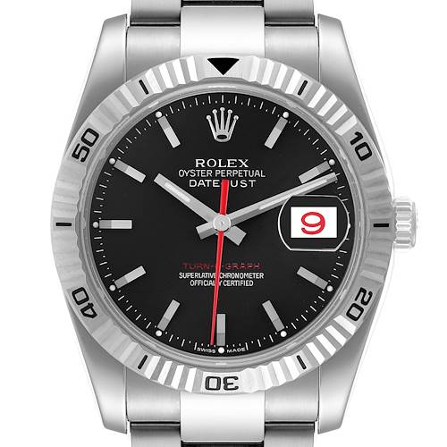 The Rolex Turn-o-Graph watch is shown from the front, displaying its dial, fluted bezel, and stainless steel bracelet.