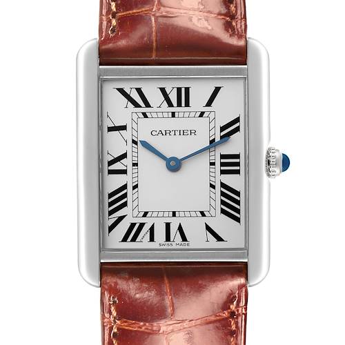 The Cartier Tank Solo watch is shown from the front, highlighting its rectangular face, Roman numerals, and leather strap.