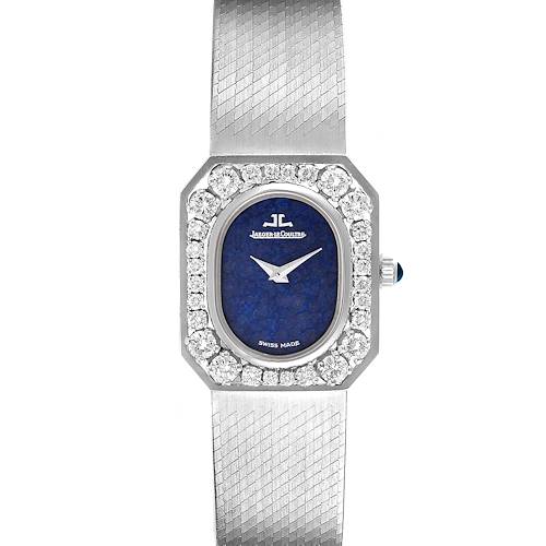 The image shows a front view of the Jaeger LeCoultre Vintage watch with a blue dial, diamond bezel, and a metal bracelet.