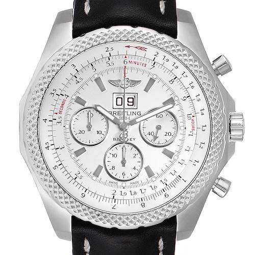 This image shows a front view of a Breitling Bentley model watch, highlighting its face, subdials, bezel, and strap.
