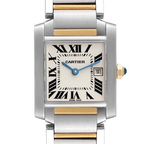 The Cartier Tank Française is shown from the front, displaying the face, hands, date window, and part of the bracelet.