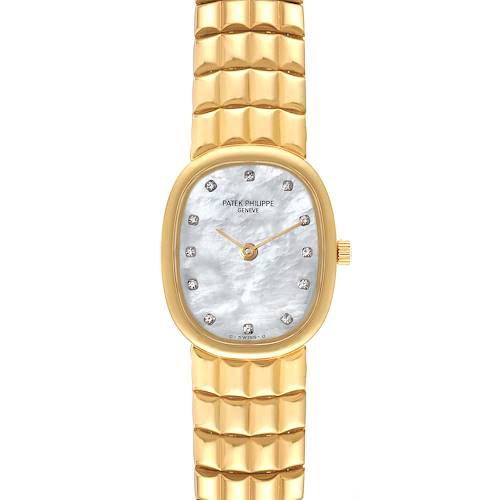 This image shows a Patek Philippe Golden Ellipse watch, including its face, dial, and part of the gold bracelet, viewed from the front.