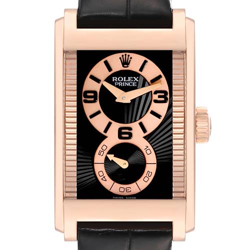 The Rolex Cellini watch is shown from a front angle, displaying its rectangular face, crown, and textured leather strap.
