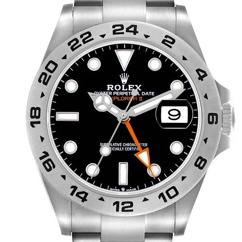 The image shows a frontal view of the Rolex Explorer II, highlighting the dial, bezel, and part of the bracelet.