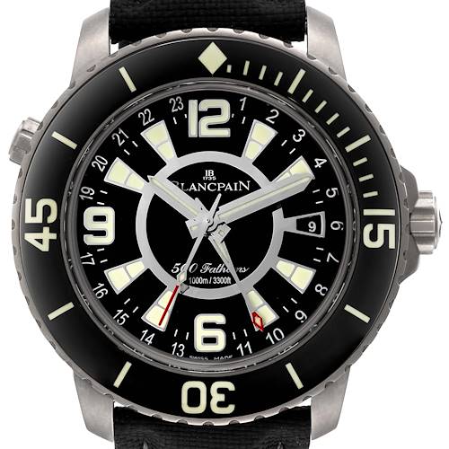This image shows a straight-on view of the dial and bezel of the Blancpain Fifty Fathoms watch.