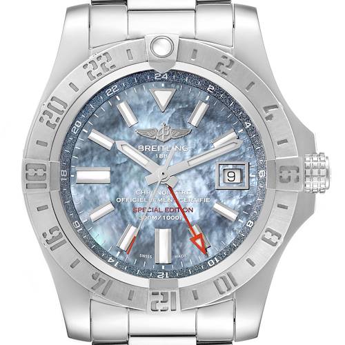 The image shows the front view of a Breitling Avenger watch, highlighting its dial, bezel, markers, and bracelet.