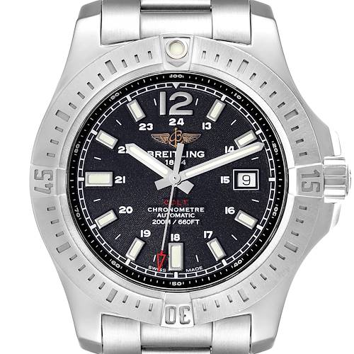 The image shows a front view of the Breitling Colt watch, highlighting the bezel, dial, hands, and bracelet.