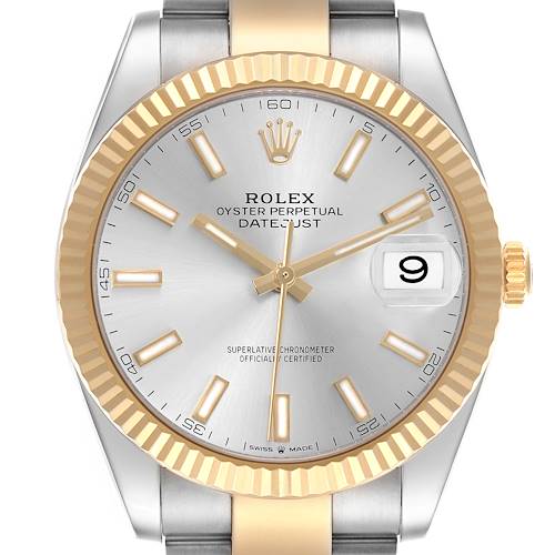 The image shows a front view of the Rolex Datejust 41, highlighting the dial, gold fluted bezel, hands, and part of the bracelet.