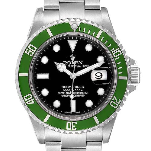 This image shows a front view of a Rolex Submariner watch, highlighting the green bezel, black dial, and date window.