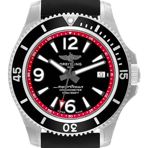 This image shows a front view of the Breitling Superocean watch, highlighting its bezel, hour markers, hands, and date window.