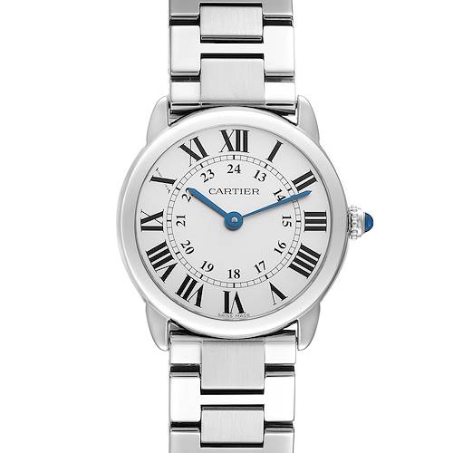 The Cartier Ronde watch is shown from a frontal angle, highlighting the face, bezel, and bracelet.