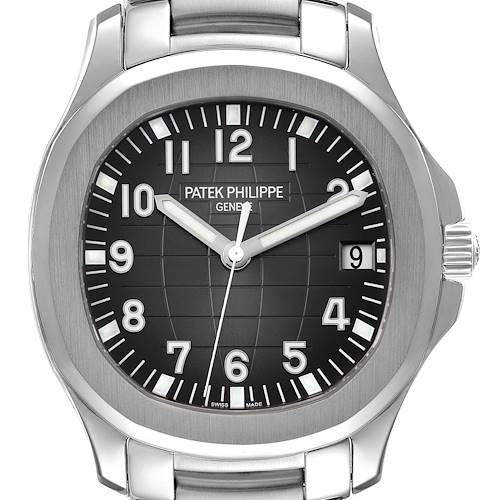 This is a front view of the Aquanaut by Patek Philippe, showing the dial, hands, date display, and part of the bracelet.