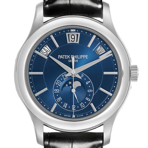 The Patek Philippe Complications watch is shown from the front, displaying the face, dial, and moon phase feature.