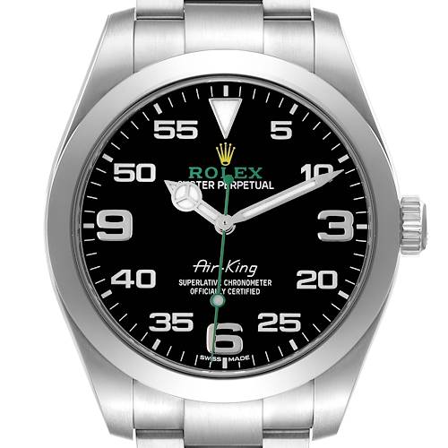 The Rolex Air-King watch is shown from a front angle, displaying the face, bezel, and part of the bracelet.