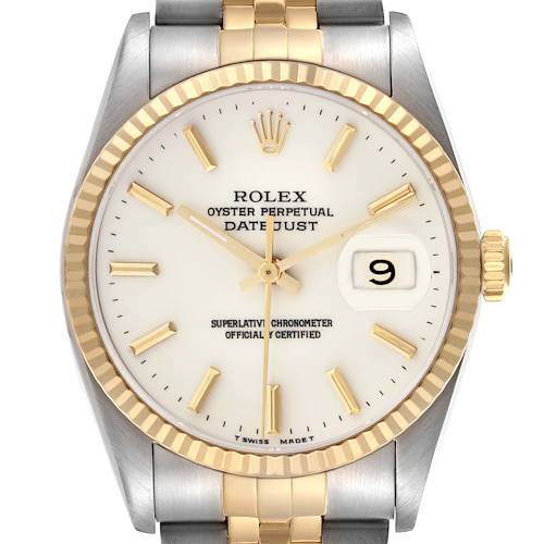 The Rolex Datejust watch is shown from a front angle, displaying the face, bezel, date window, and part of the bracelet.