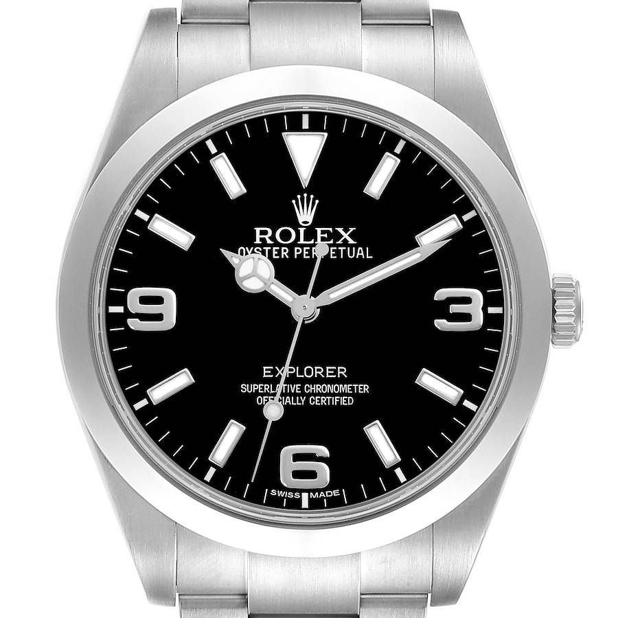 The Rolex Explorer watch is shown from the front, highlighting the black dial, silver hands, and hour markers.