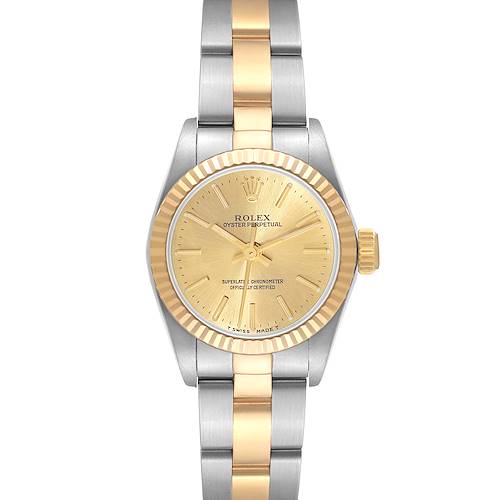 The Rolex Oyster Perpetual watch is shown from a front view, highlighting its gold dial, bezel, and two-tone bracelet.