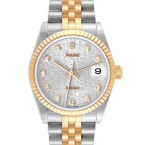 This image shows a frontal view of a Rolex Mid-Size Datejust watch with a silver and gold jubilee bracelet and diamond hour markers.