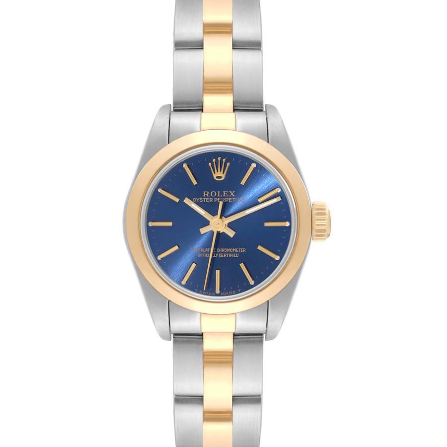 This image shows a front view of a Rolex Oyster Perpetual watch, highlighting the blue dial, gold bezel, and two-tone bracelet.