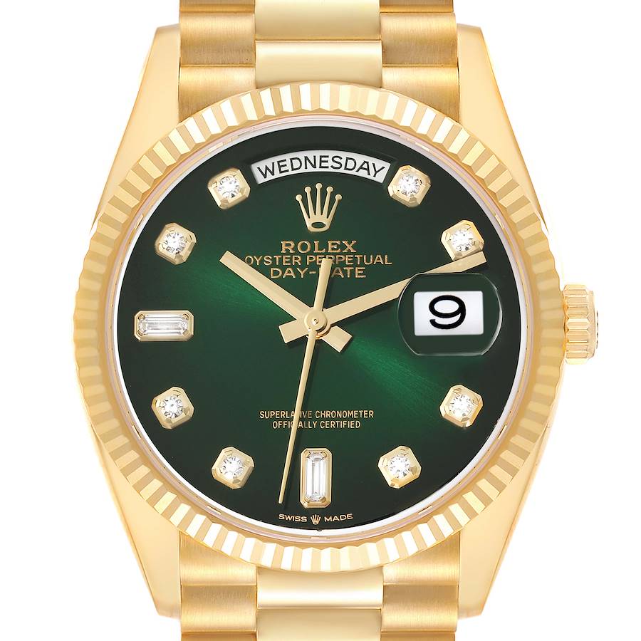 This President model Rolex watch is shown from a front angle, displaying the dial, day, and date indicators.