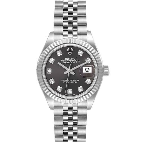 This image shows a front view of a Rolex Datejust watch, displaying its dial, hands, date window, and bracelet.